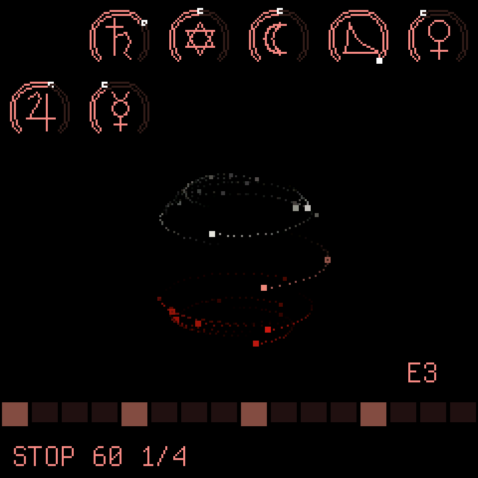 Quod's screen on the FM-1: the knobs as planet dials, the drone's voices as lights circling a sphere, white above and red below, the root E3 and the sequencer's steps.