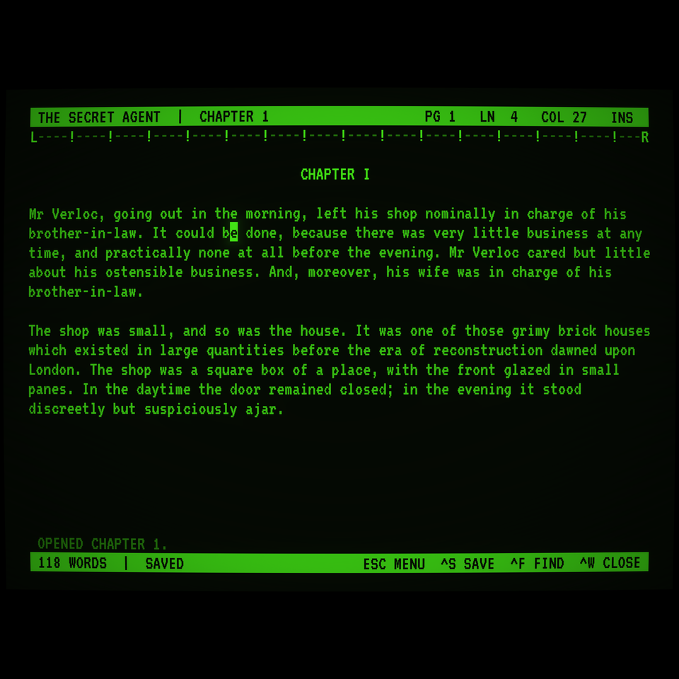 Tulpa Writer on the iPad: green phosphor text of The Secret Agent's first chapter, a status bar with page, line and column above, and key commands below.